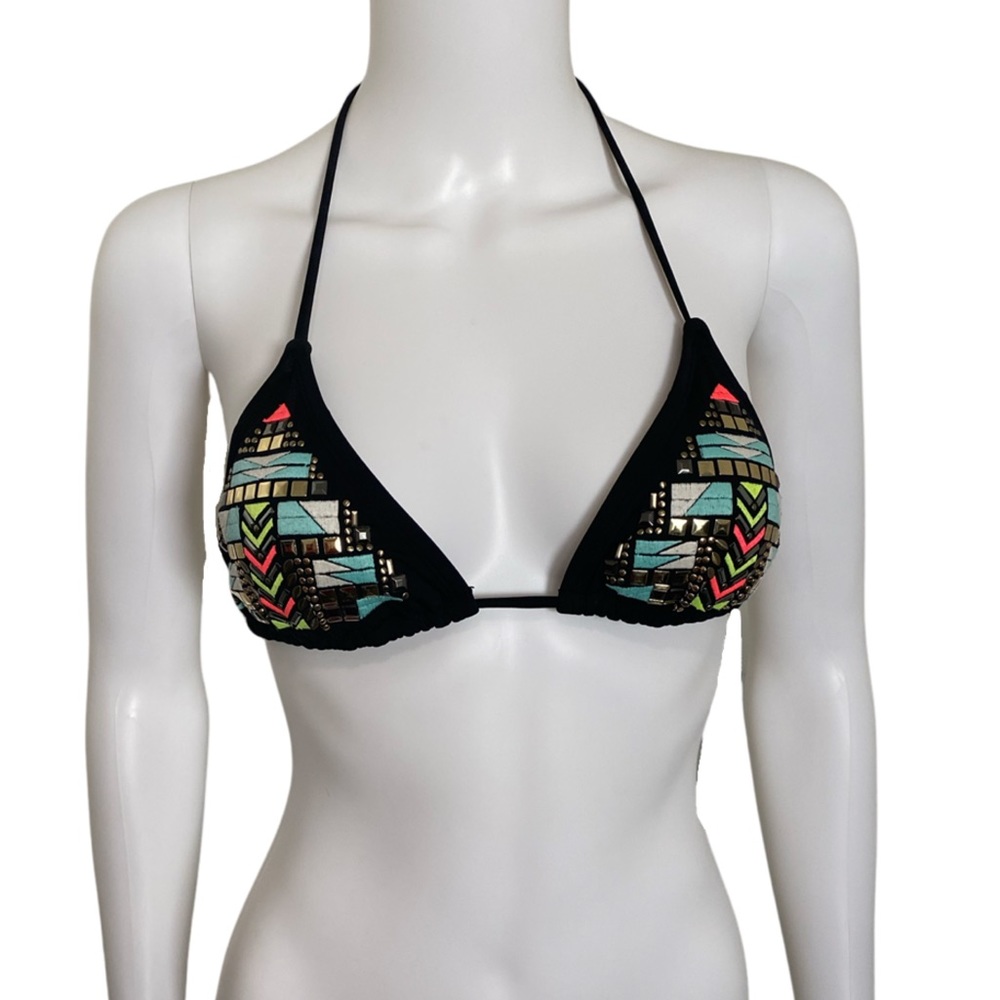 Neon Embroidered Studded Triangle Bikini Top